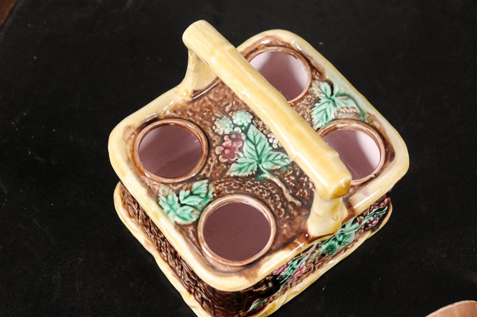French 19th Century Rare Tea Set with Foliage Adorned Majolica Basket For Sale 5