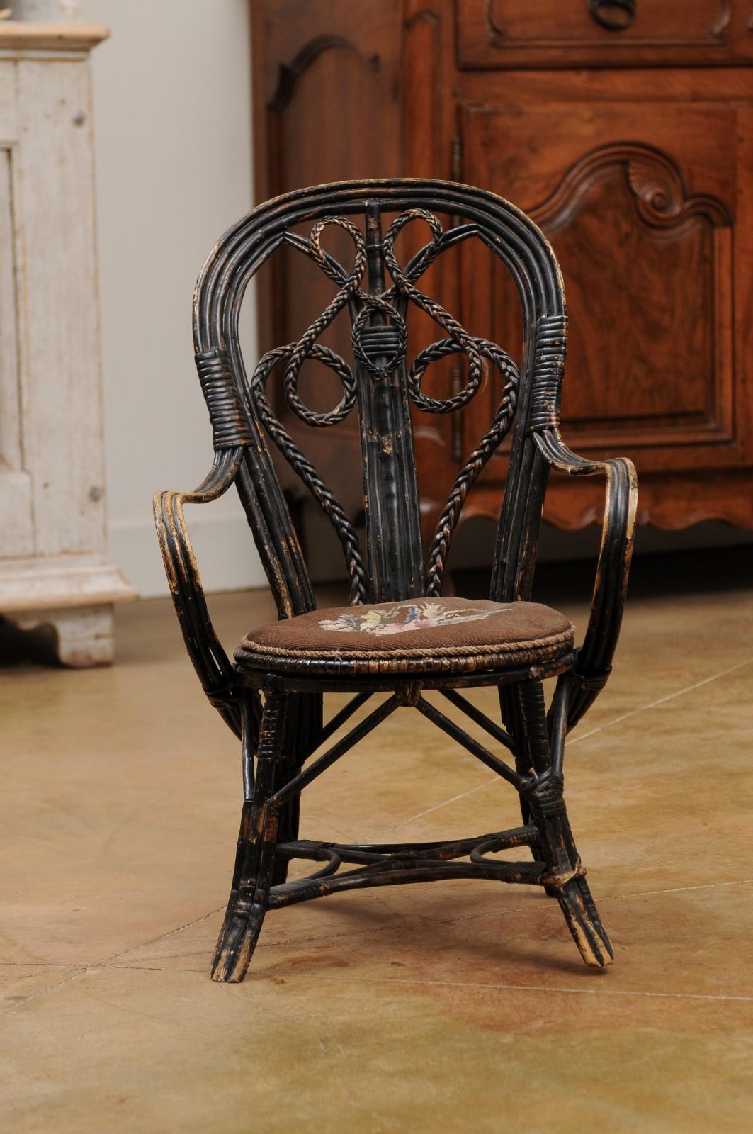 French 19th Century Rattan Child's Chair with Needlepoint Seat and Aged Patina 7
