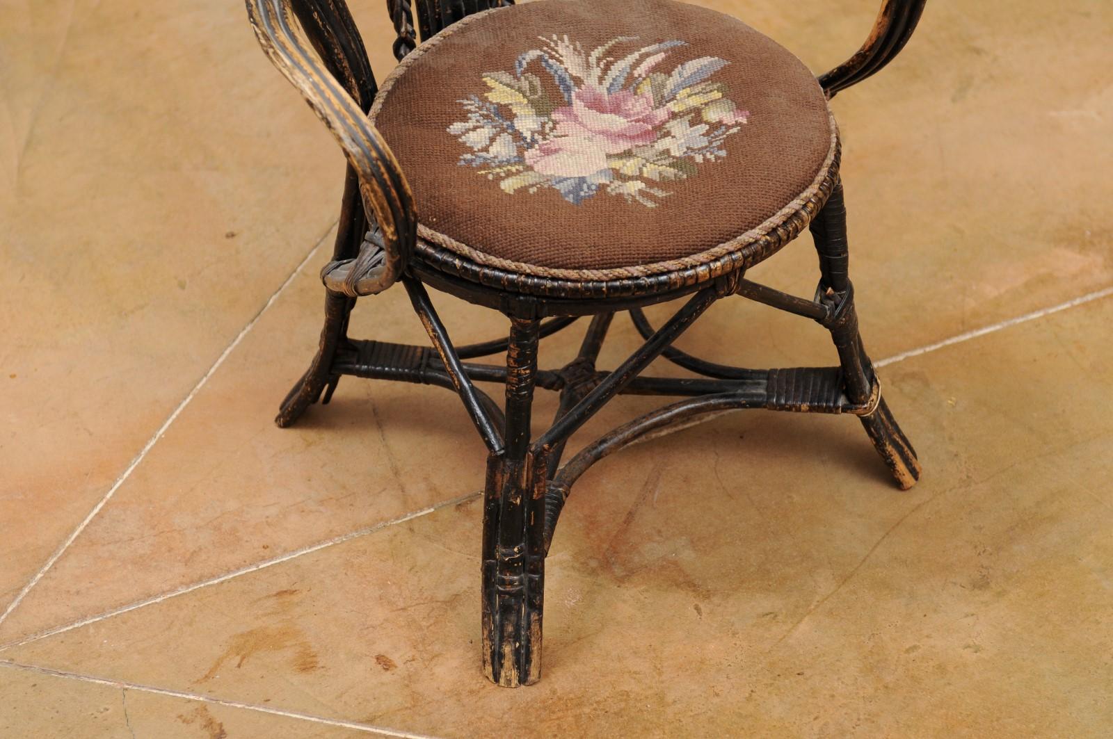 French 19th Century Rattan Child's Chair with Needlepoint Seat and Aged Patina 1