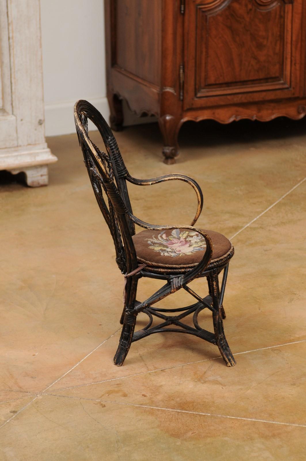 French 19th Century Rattan Child's Chair with Needlepoint Seat and Aged Patina 3