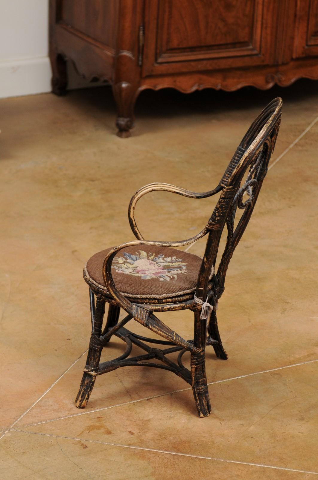 French 19th Century Rattan Child's Chair with Needlepoint Seat and Aged Patina 5