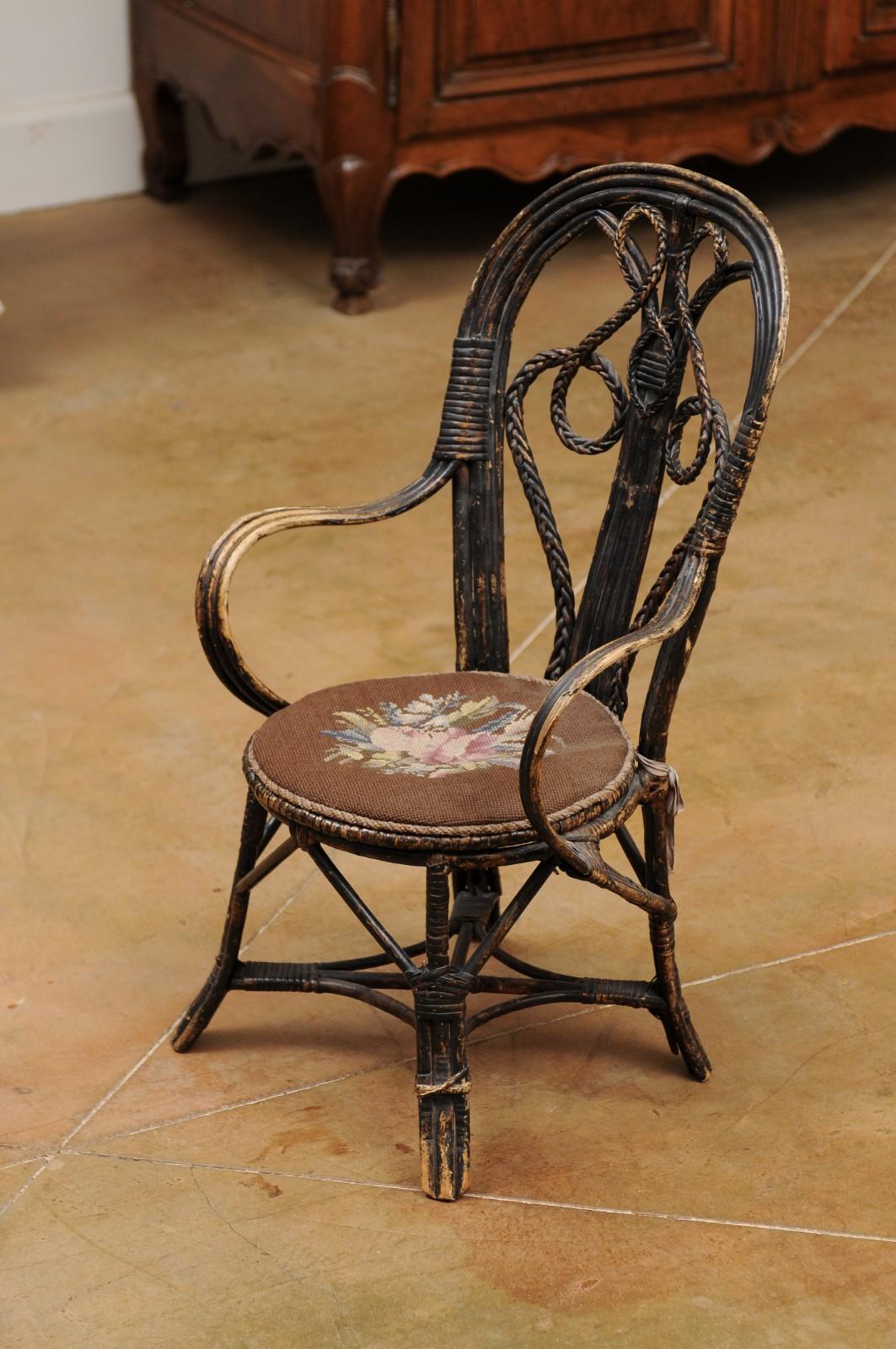 French 19th Century Rattan Child's Chair with Needlepoint Seat and Aged Patina 6