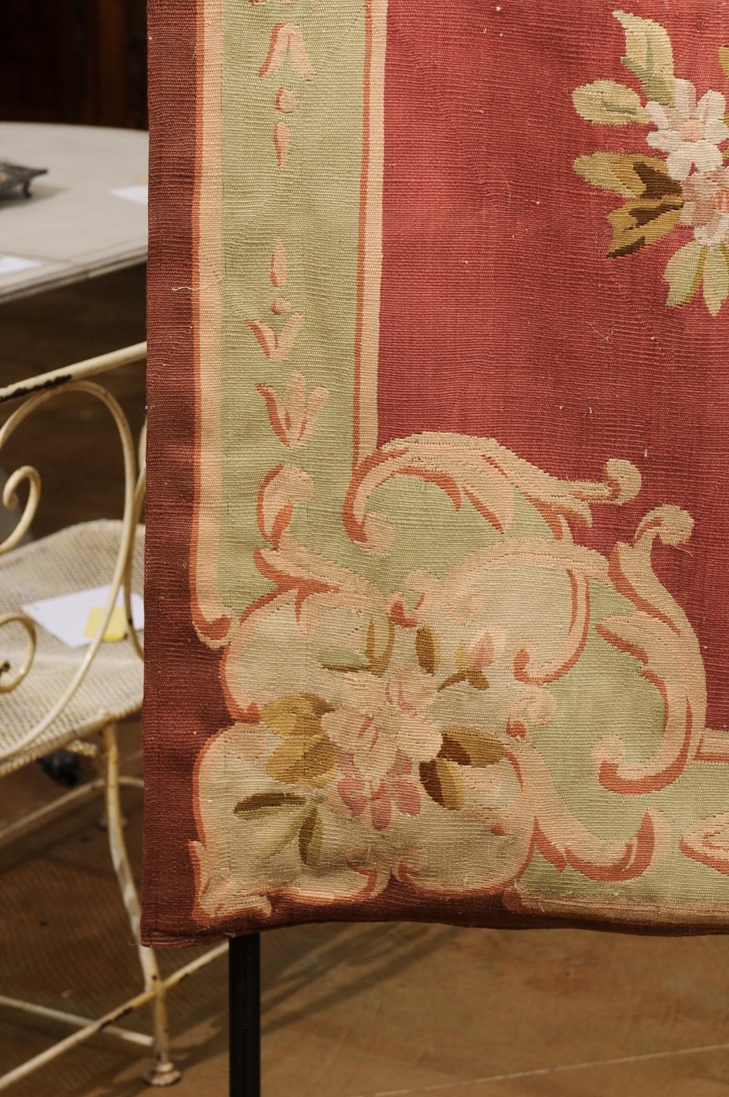 French 19th Century Red and Soft Green Aubusson Tapestry with Floral Décor For Sale 6