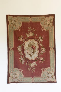 French 19th Century Red and Soft Green Aubusson Tapestry with Floral Décor