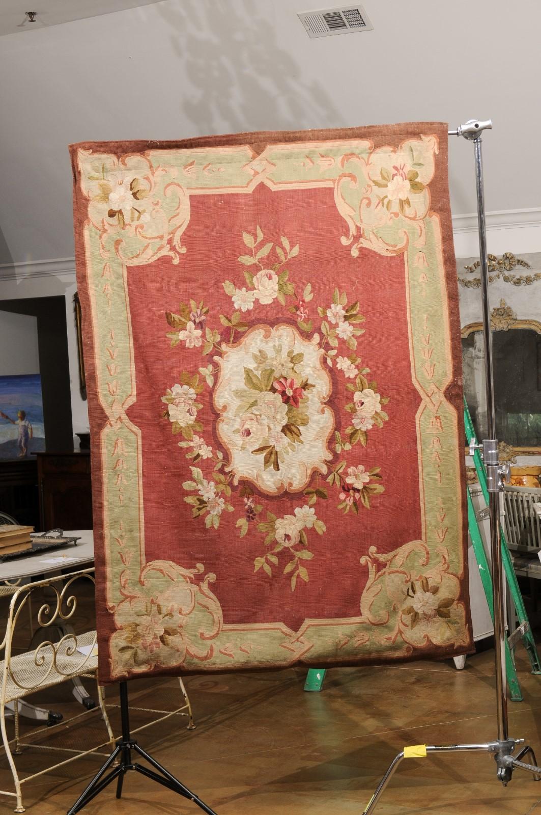 Woven French 19th Century Red and Soft Green Aubusson Tapestry with Floral Décor For Sale