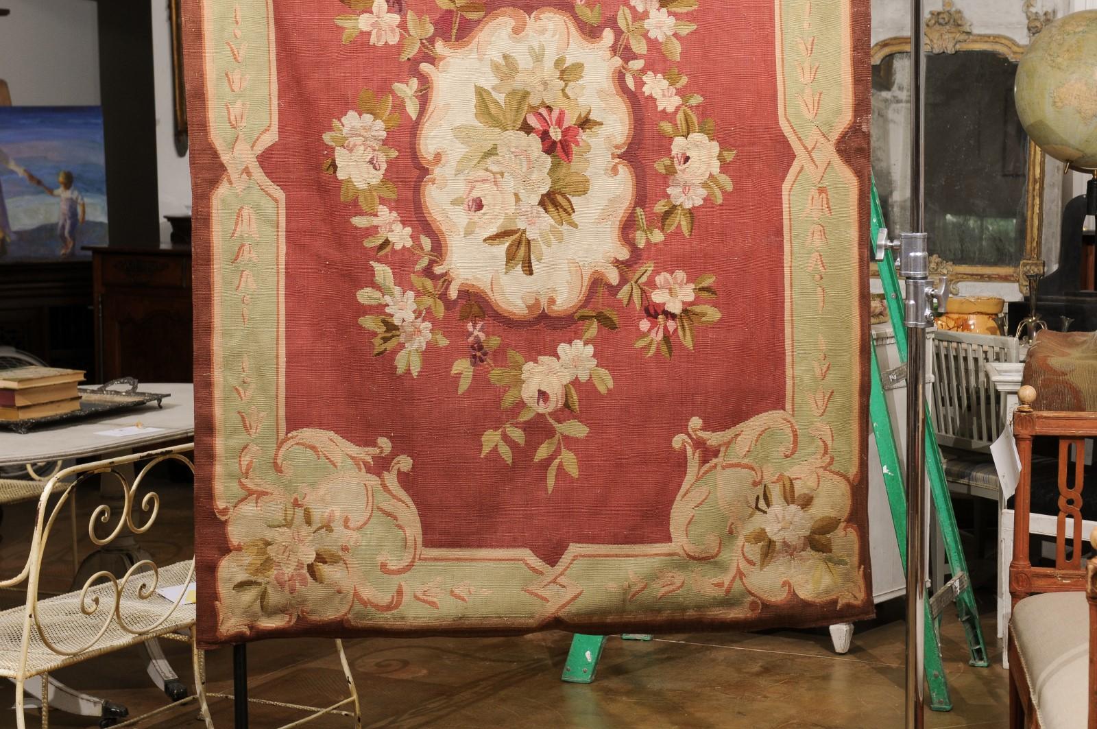French 19th Century Red and Soft Green Aubusson Tapestry with Floral Décor For Sale 1