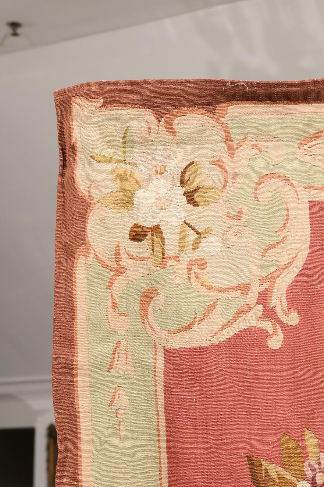 French 19th Century Red and Soft Green Aubusson Tapestry with Floral Décor For Sale 3
