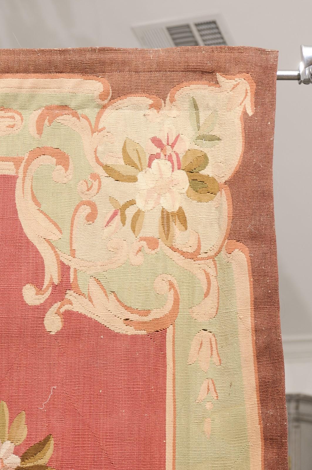 French 19th Century Red and Soft Green Aubusson Tapestry with Floral Décor For Sale 4