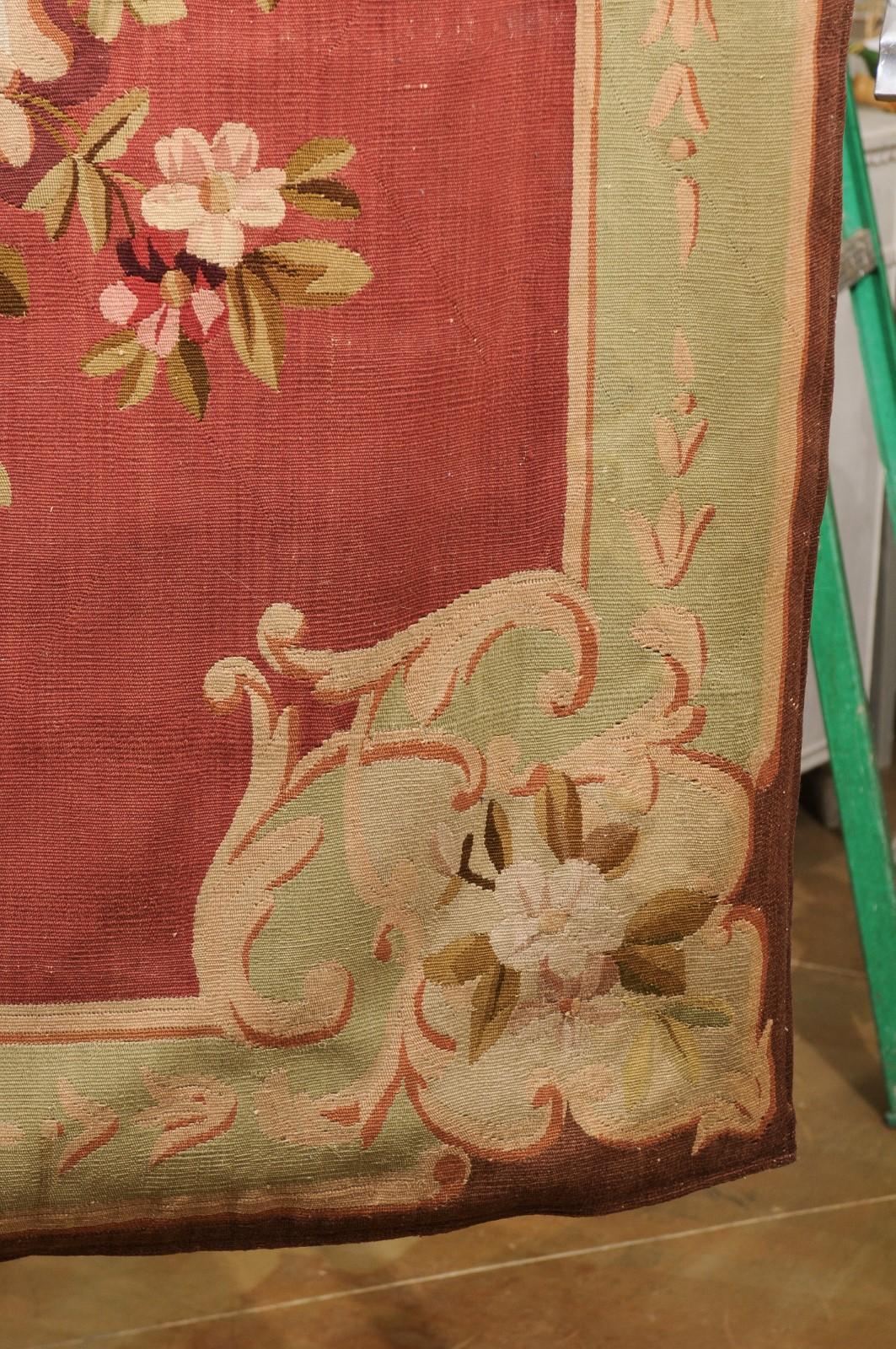 French 19th Century Red and Soft Green Aubusson Tapestry with Floral Décor For Sale 5