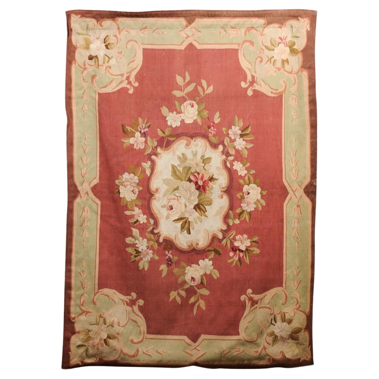 French 19th Century Red and Soft Green Aubusson Tapestry with Floral Décor