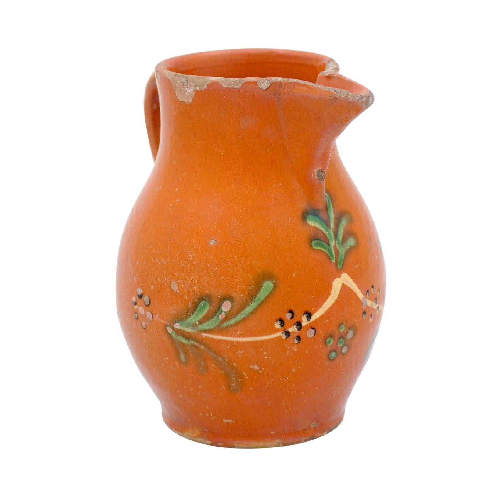 19th Century Rust and Green Glazed Pottery Jug with Floral Decor