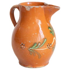 Antique French 19th Century Redware Floral Pitcher with Orange, Cream and Green Glaze