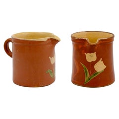 Antique French 19th Century Redware Pitchers with White Flower Decor, Sold Individually