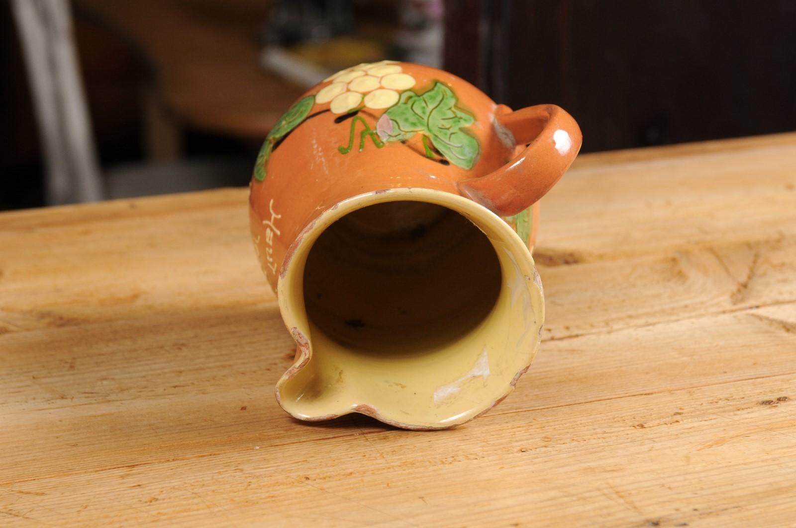 French 19th Century Redware Wine Pitcher with Orange, Cream and Green Glaze For Sale 3