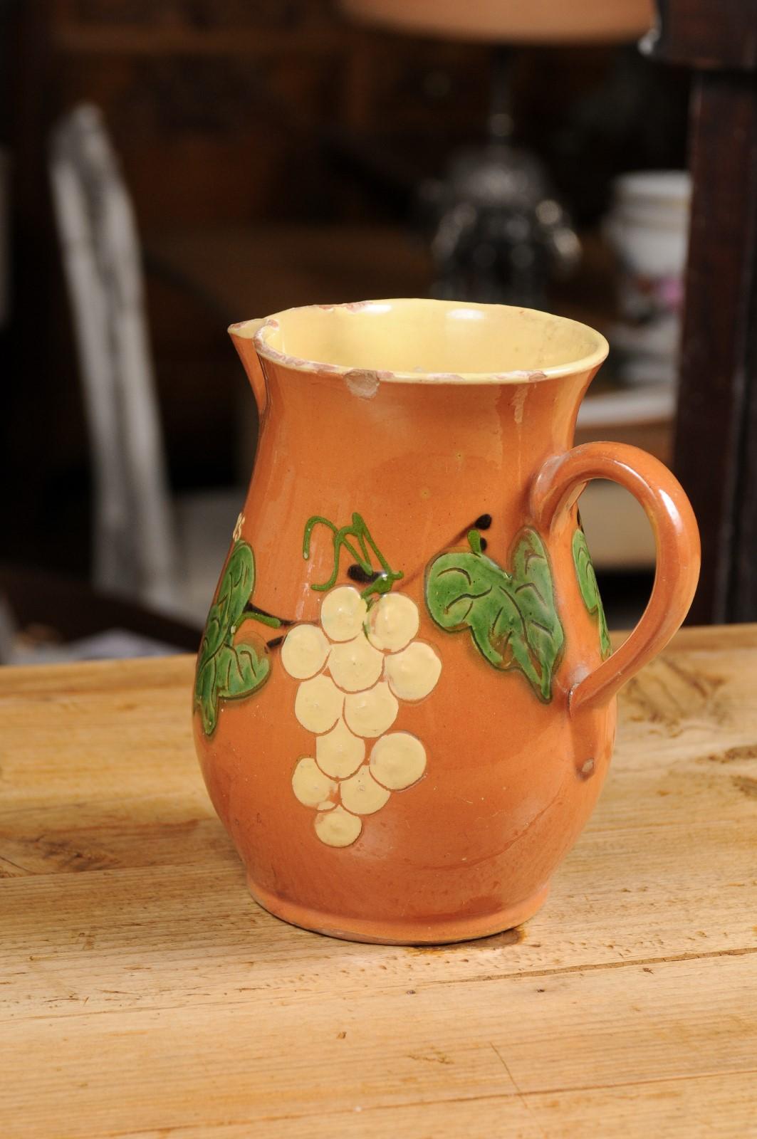 French 19th Century Redware Wine Pitcher with Orange, Cream and Green Glaze In Good Condition For Sale In Atlanta, GA