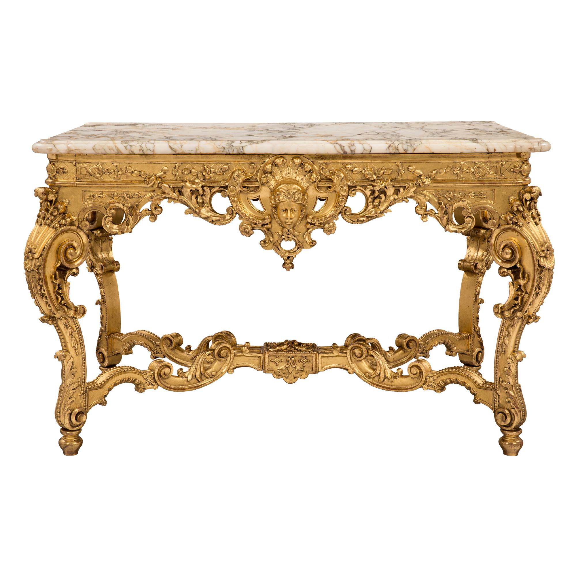 French 19th Century Regence St. Giltwood and Escalette Marble Center Table For Sale