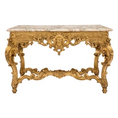 Table centrale Régence française du 19ème siècle en bois doré et marbre Escalette