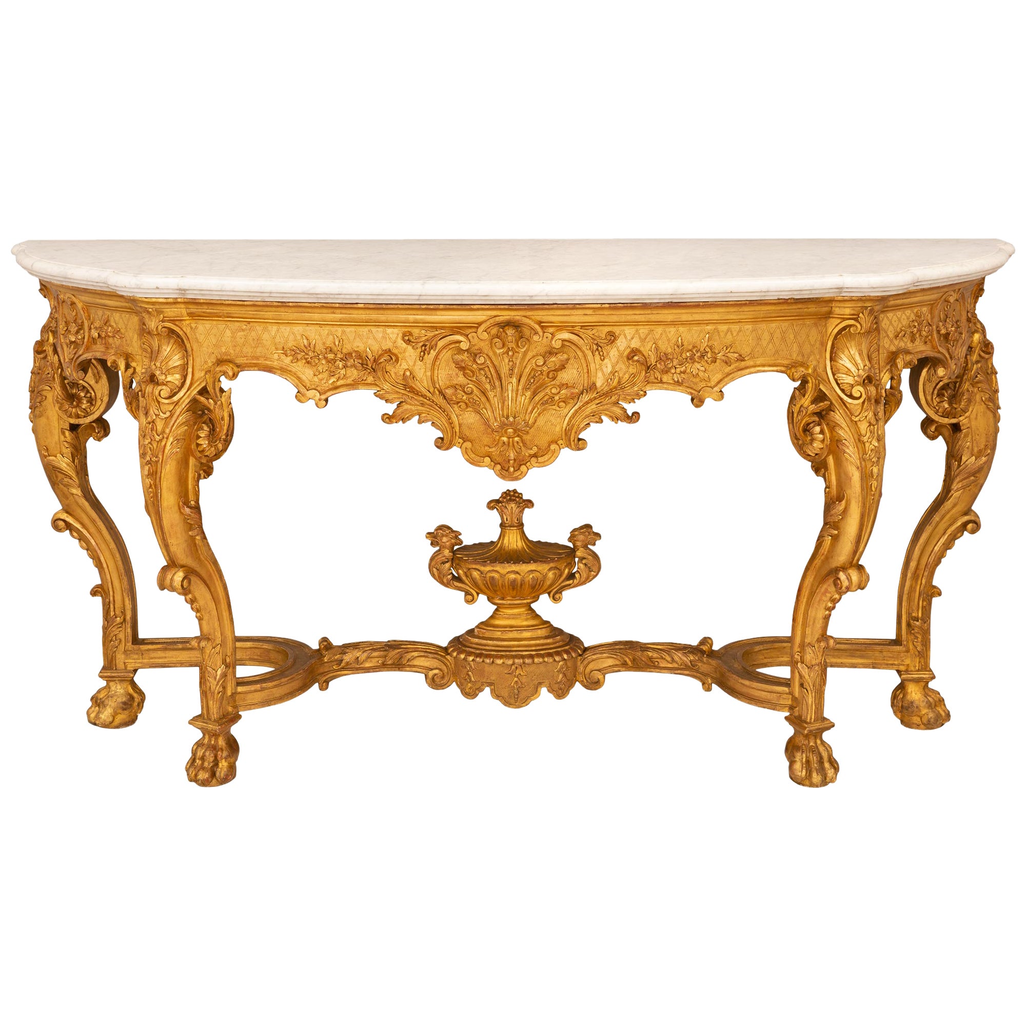 Consola de madera de giltwood y mármol blanco de carrara del siglo XIX francés Regence St. en venta