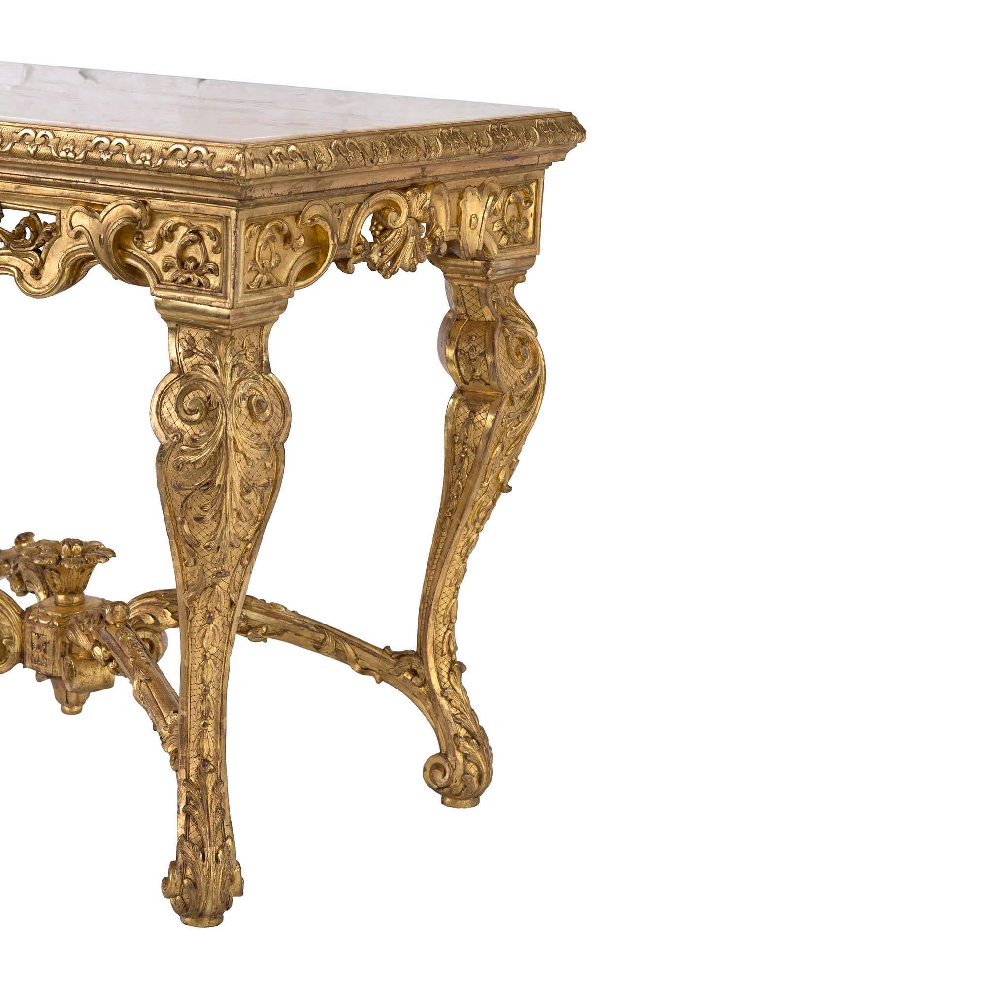 19th Century French 19th-Century Regence St. Giltwood Console with Marble Top For Sale