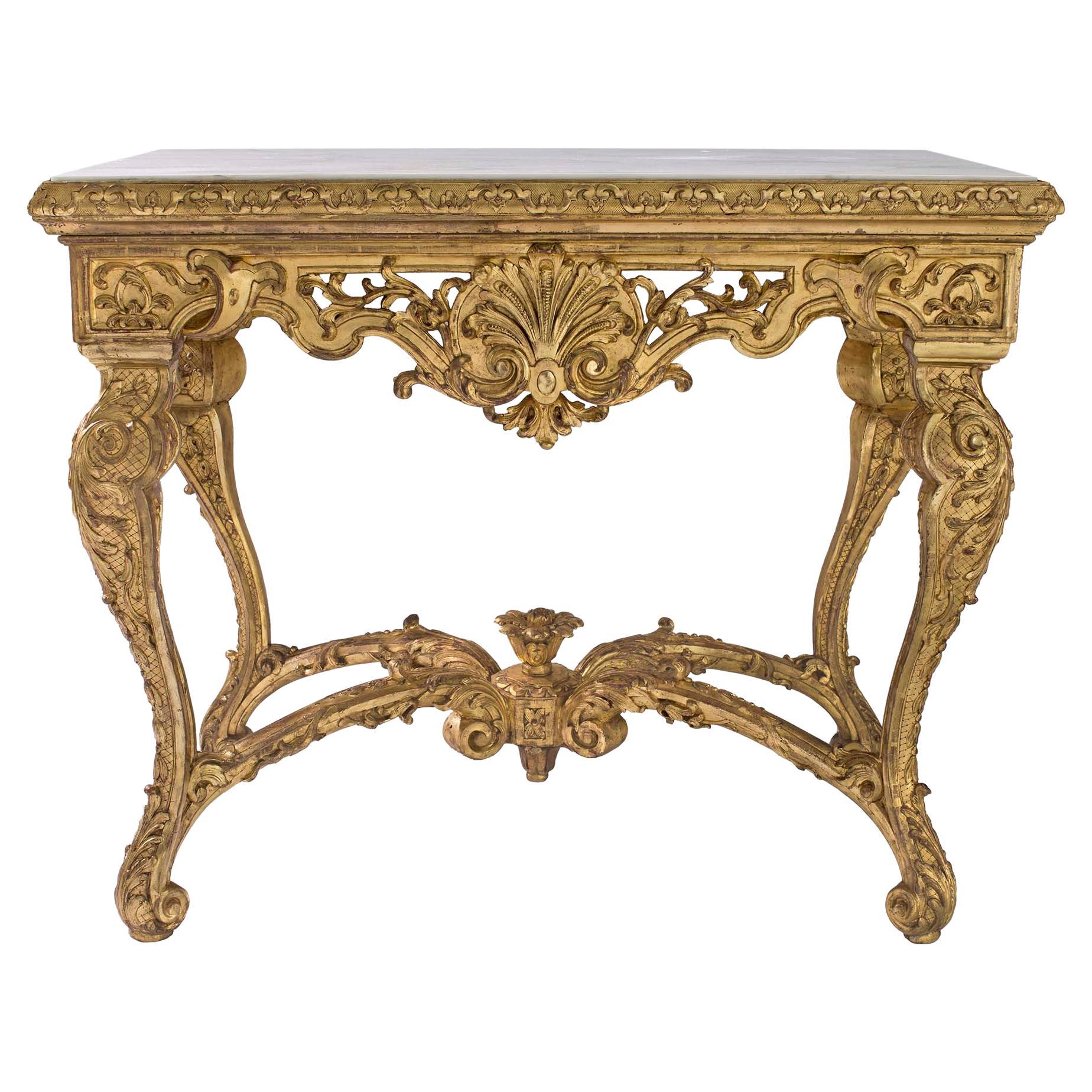 Console française de style Régence du XIXe siècle en bois doré avec plateau en marbre