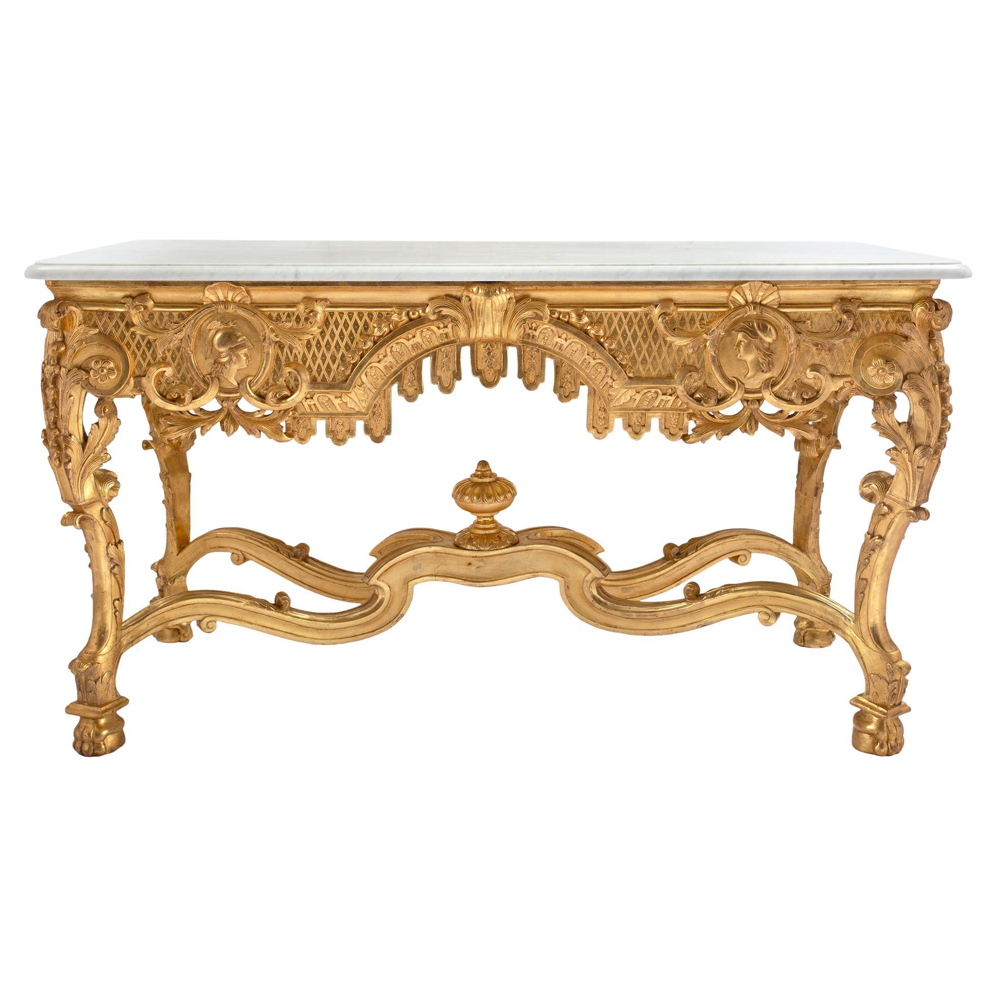 Table centrale de style Régence française du 19ème siècle en bois doré et marbre de Carrare en vente