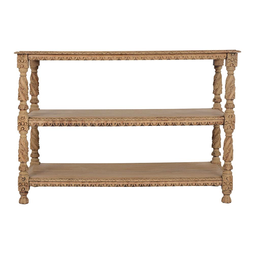 This antique Renaissance Shelves has been restored and is made out of oakwood with a new bleached-wood finish. It features a solid wooden top, with carved molding details around the edges, supported by four hand carved columns with two open shelves