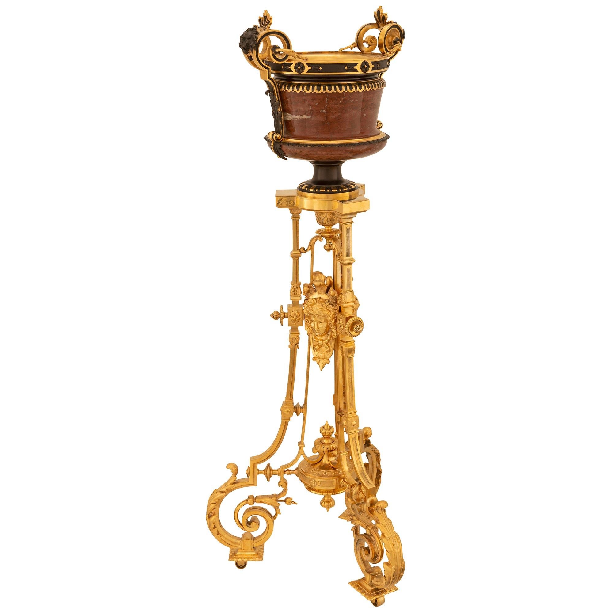 Patinated French 19th Century Renaissance St. Bronze, Marble, And Ormolu Planter/Stand For Sale