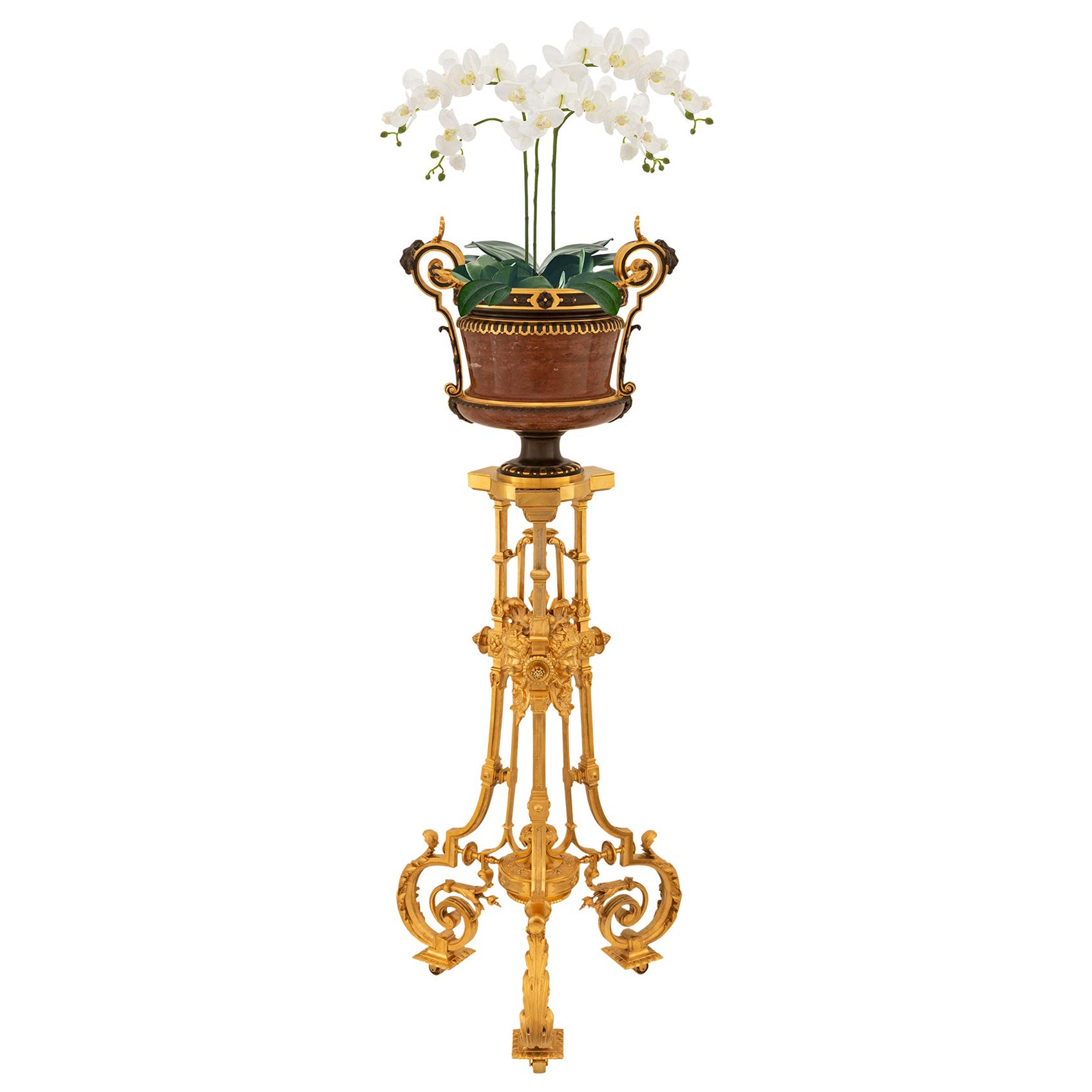 Jardinière/stand de style Renaissance du 19ème siècle en bronze, marbre et bronze doré