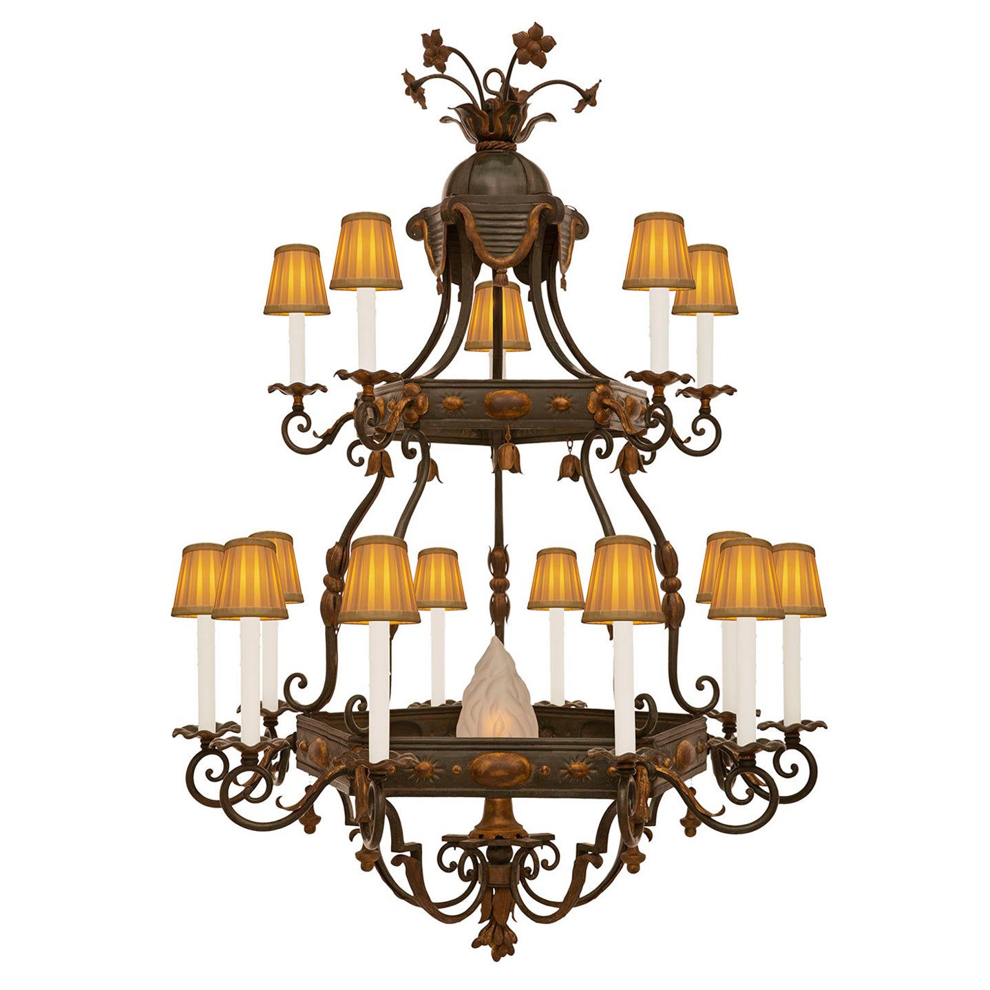 Lampadario rinascimentale francese del XIX secolo in bronzo, metallo e ferro battuto