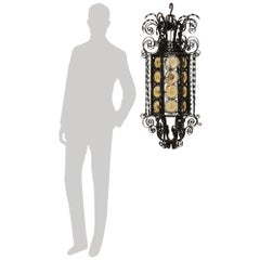 Farol francés del siglo XIX de hierro patinado renacentista y cristal