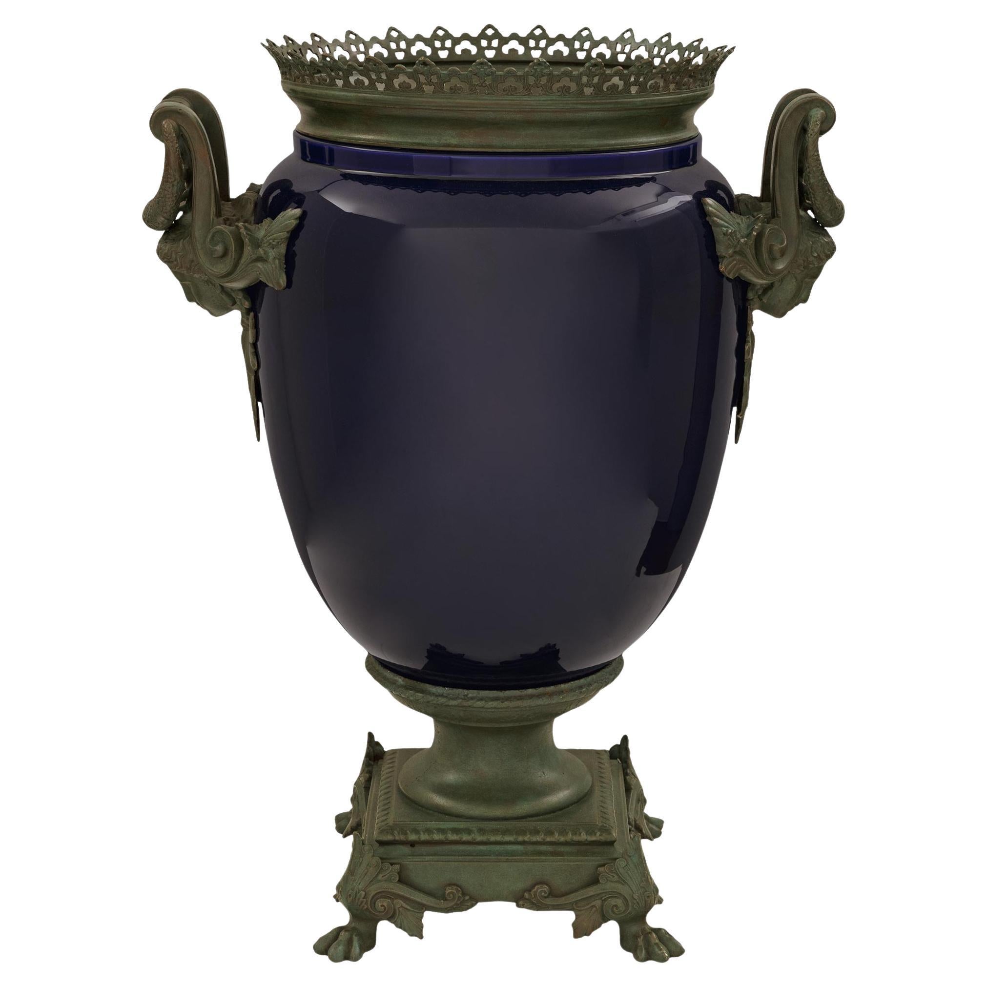 French 19th century Renaissance st. Sèvres Porcelain and verdigris Bronze vase For Sale