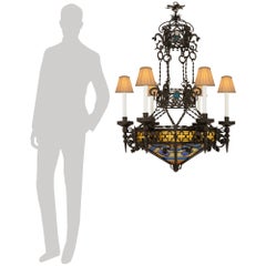French 19th century Renaissance st. Wrought Iron and Stained Glass chandelier