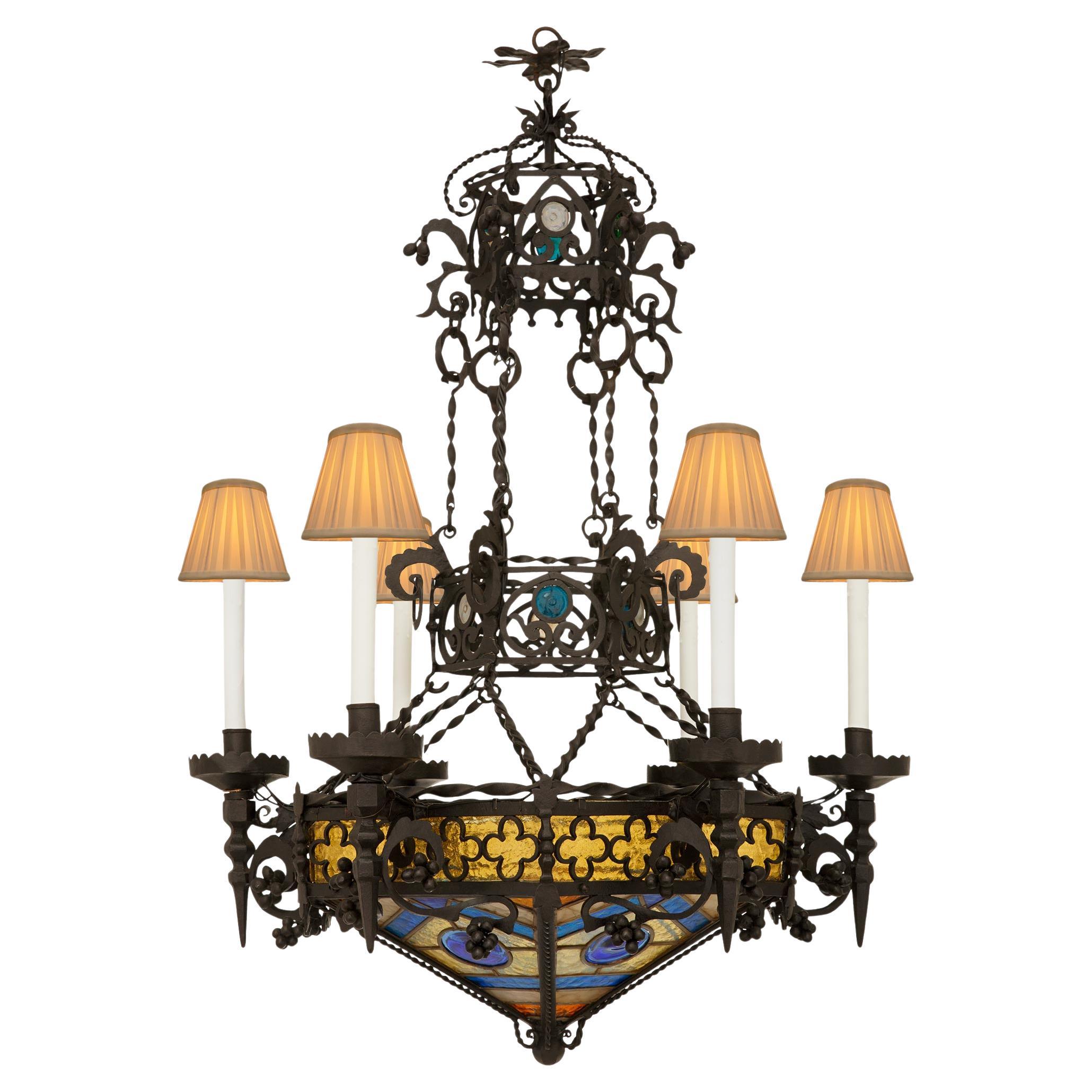French 19th century Renaissance st. Wrought Iron and Stained Glass chandelier For Sale