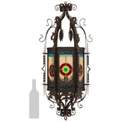 French 19th century Renaissance st. Wrought Iron and Stained Glass lantern