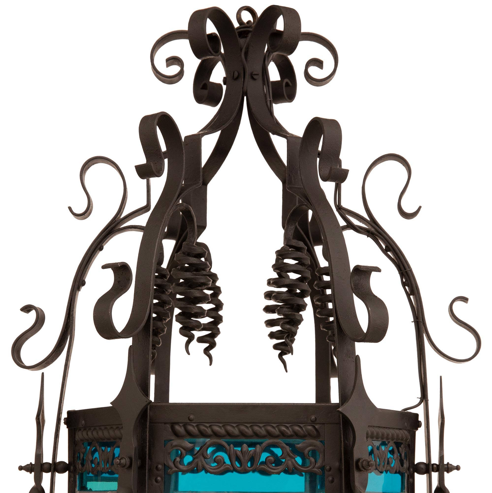 19th Century French 19th century Renaissance st. Wrought Iron and Stained Glass lantern For Sale