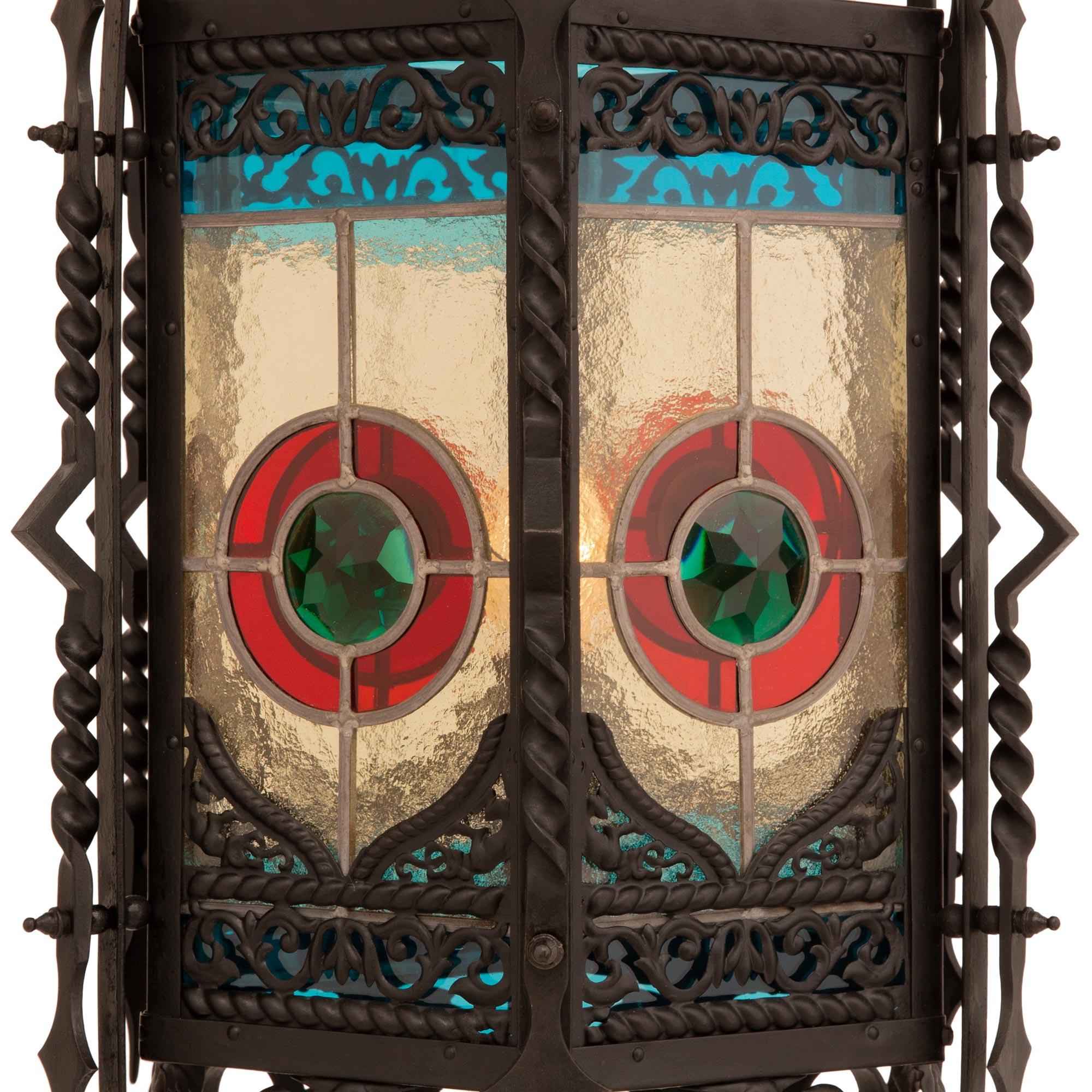 French 19th century Renaissance st. Wrought Iron and Stained Glass lantern For Sale 1