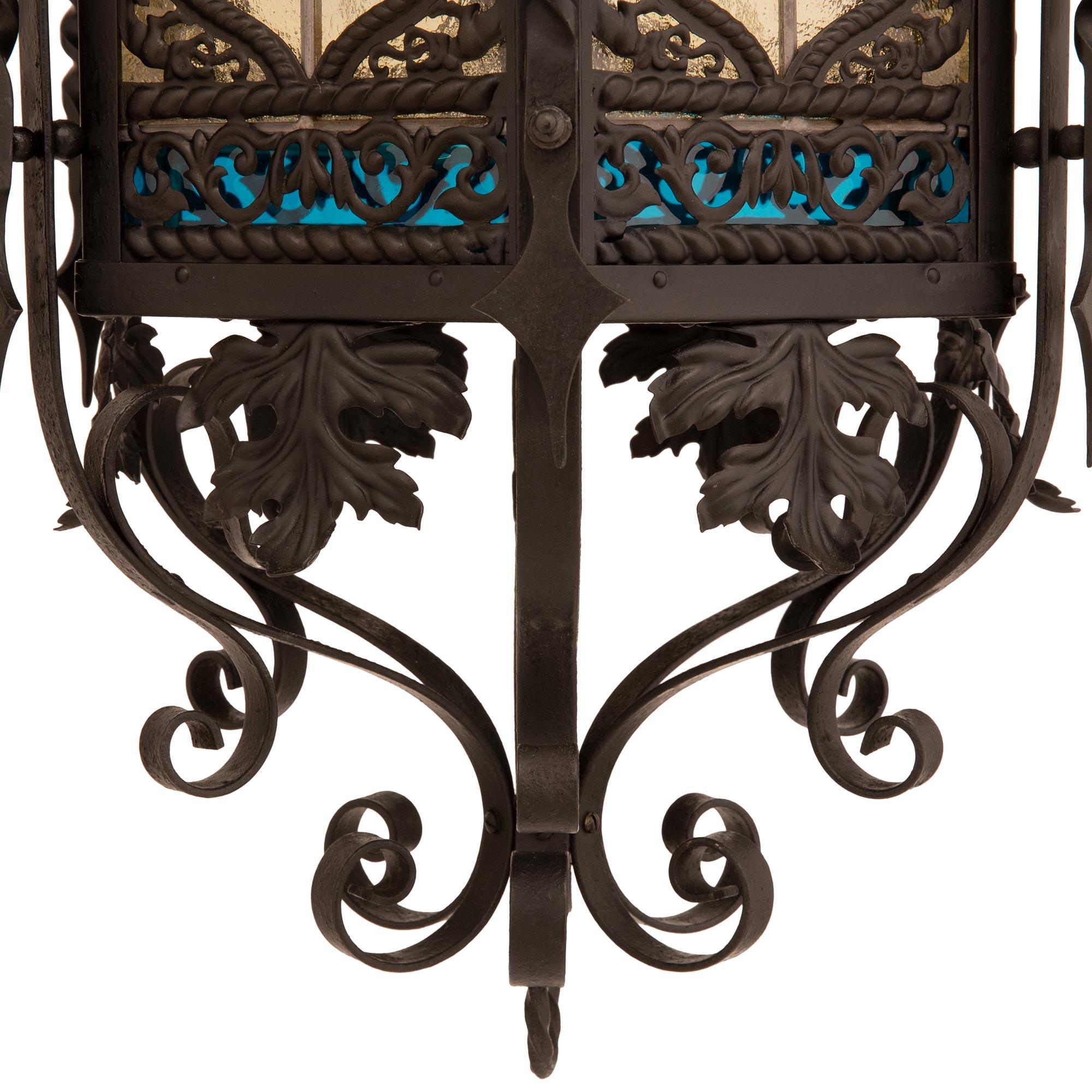 French 19th century Renaissance st. Wrought Iron and Stained Glass lantern For Sale 3