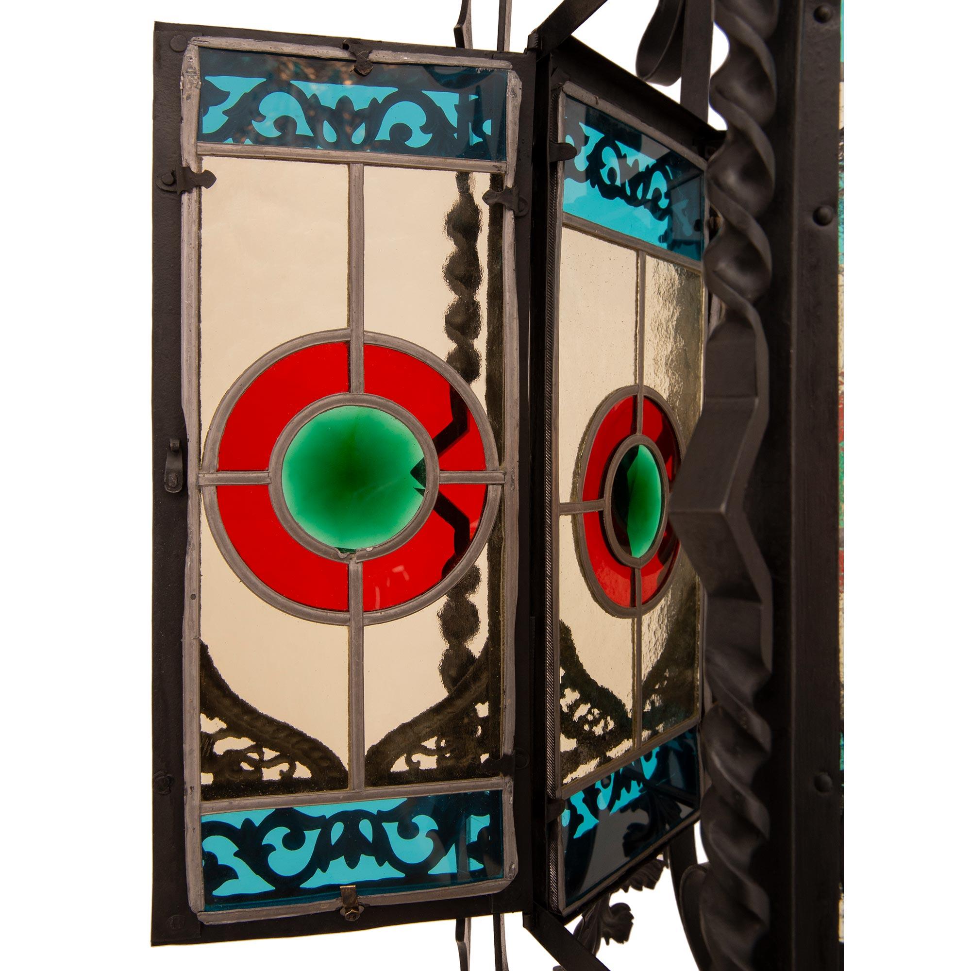 French 19th century Renaissance st. Wrought Iron and Stained Glass lantern For Sale 5