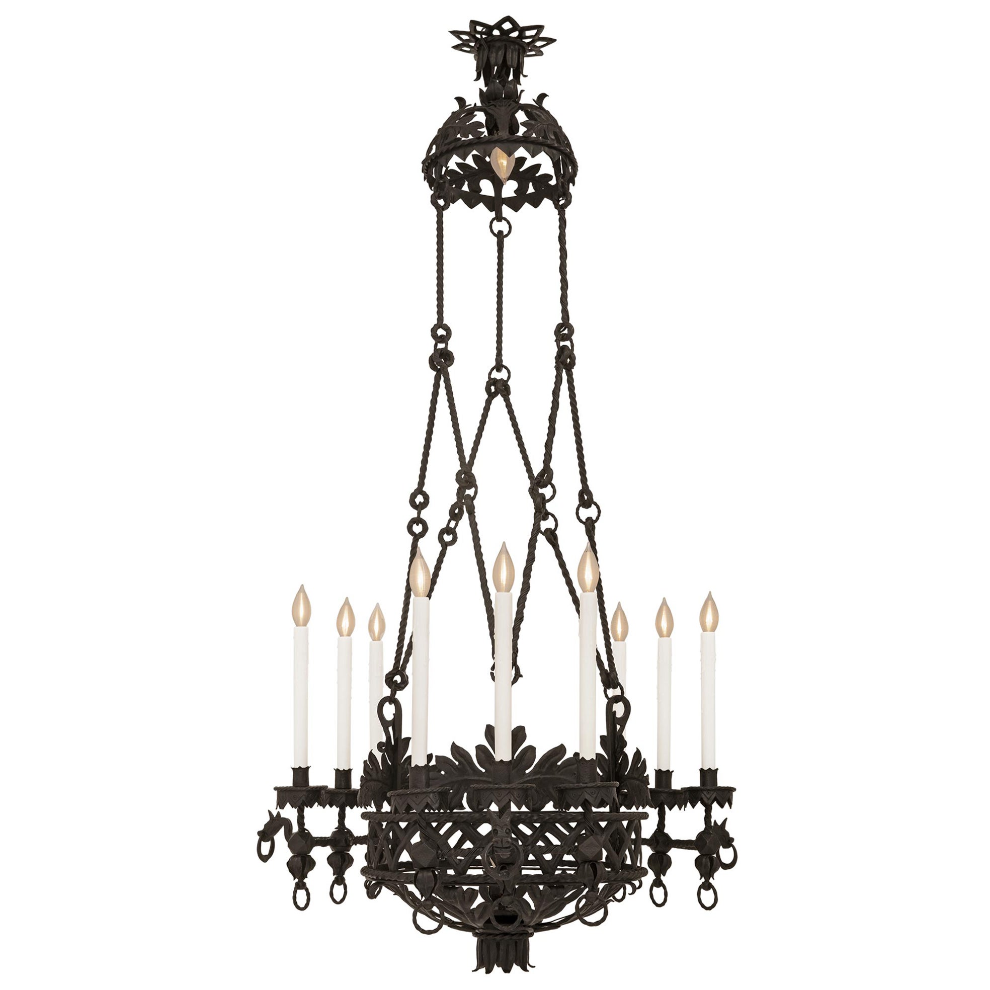 Lampadario in ferro battuto rinascimentale francese del XIX secolo