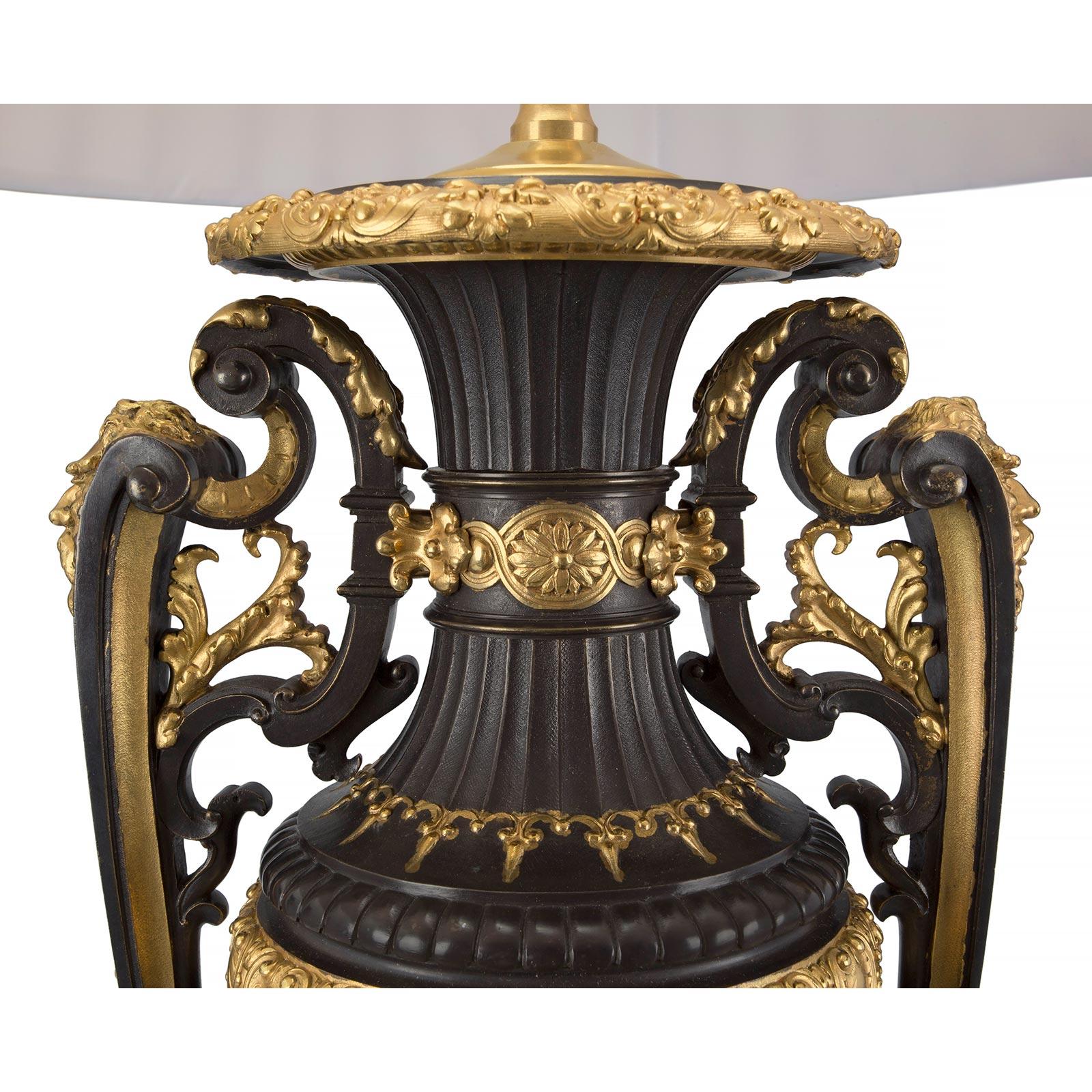 Patinated French 19th Century Renaissance Style Bronze, Ormolu and Marble Lamps For Sale