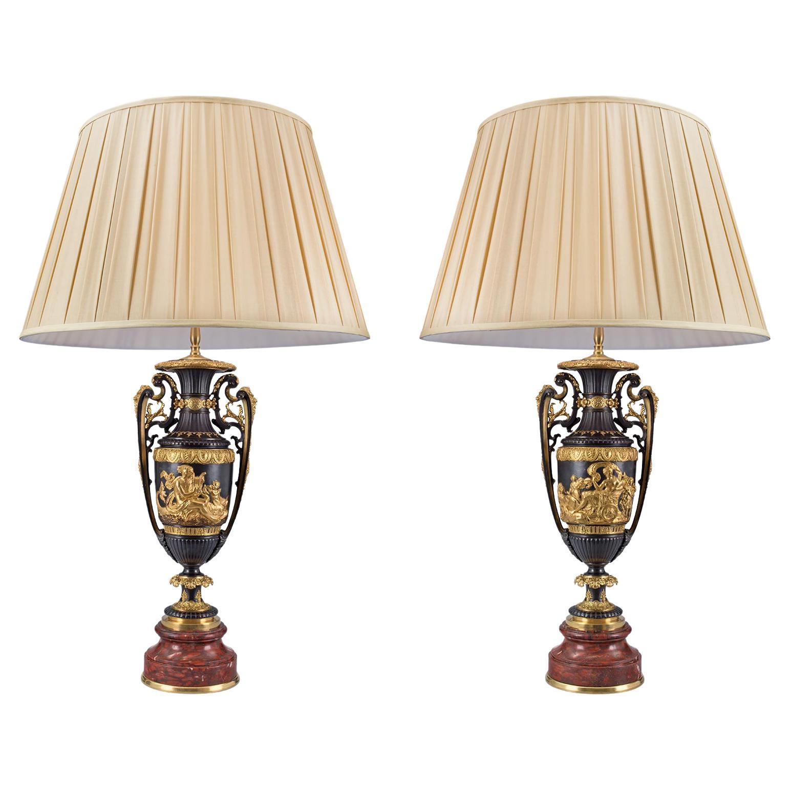 French 19th Century Renaissance Style Bronze, Ormolu and Marble Lamps For Sale