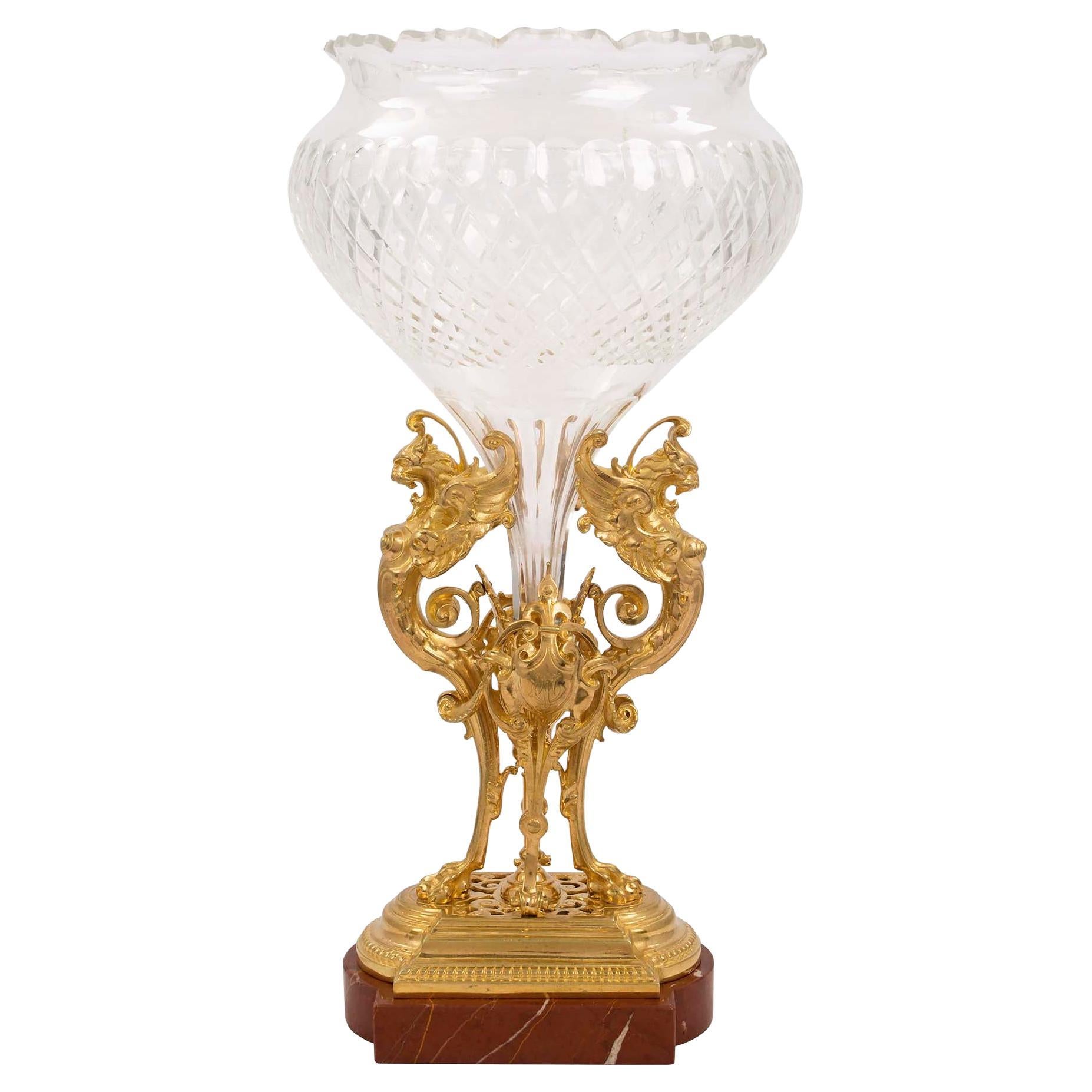 French 19th Century Renaissance Style Marble and Baccarat Crystal Centerpiece