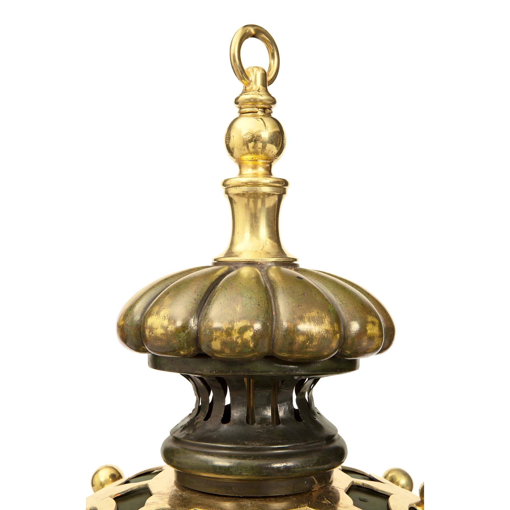 Patinated French 19th Century Renaissance Style Verdigris Bronze, Ormolu and Glass Lantern For Sale