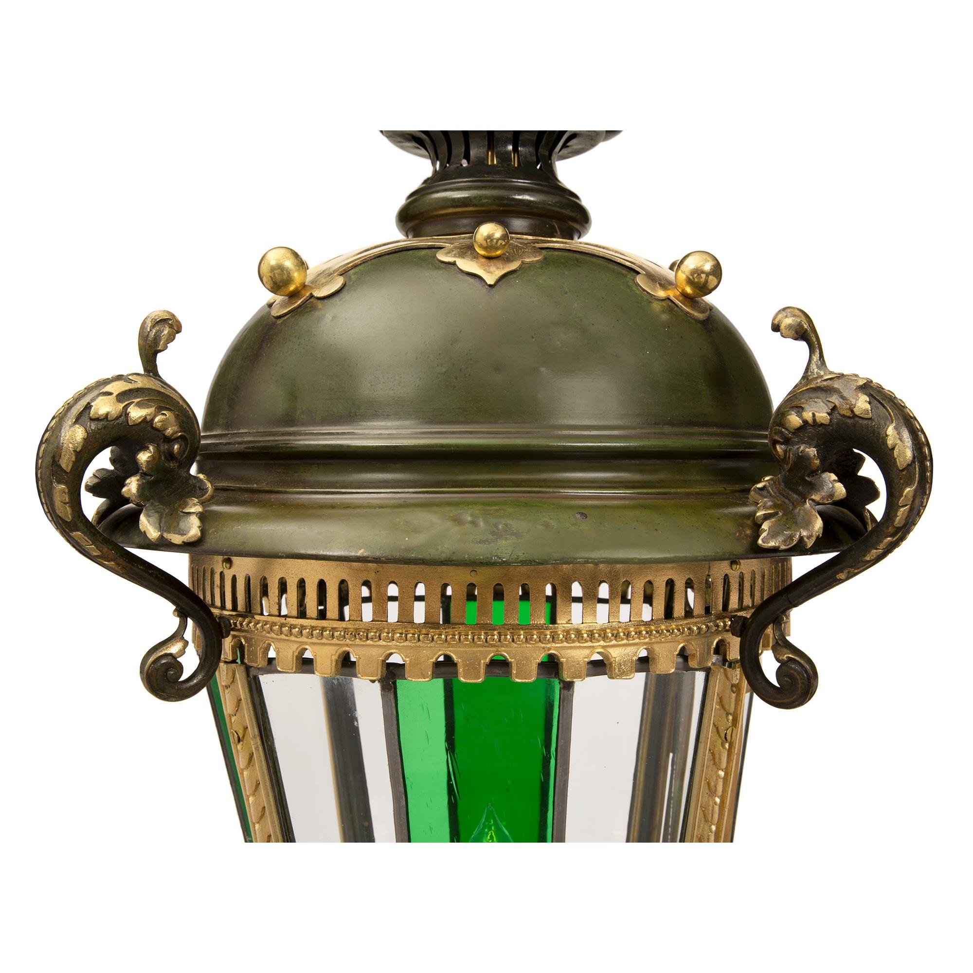 French 19th Century Renaissance Style Verdigris Bronze, Ormolu and Glass Lantern In Good Condition For Sale In West Palm Beach, FL