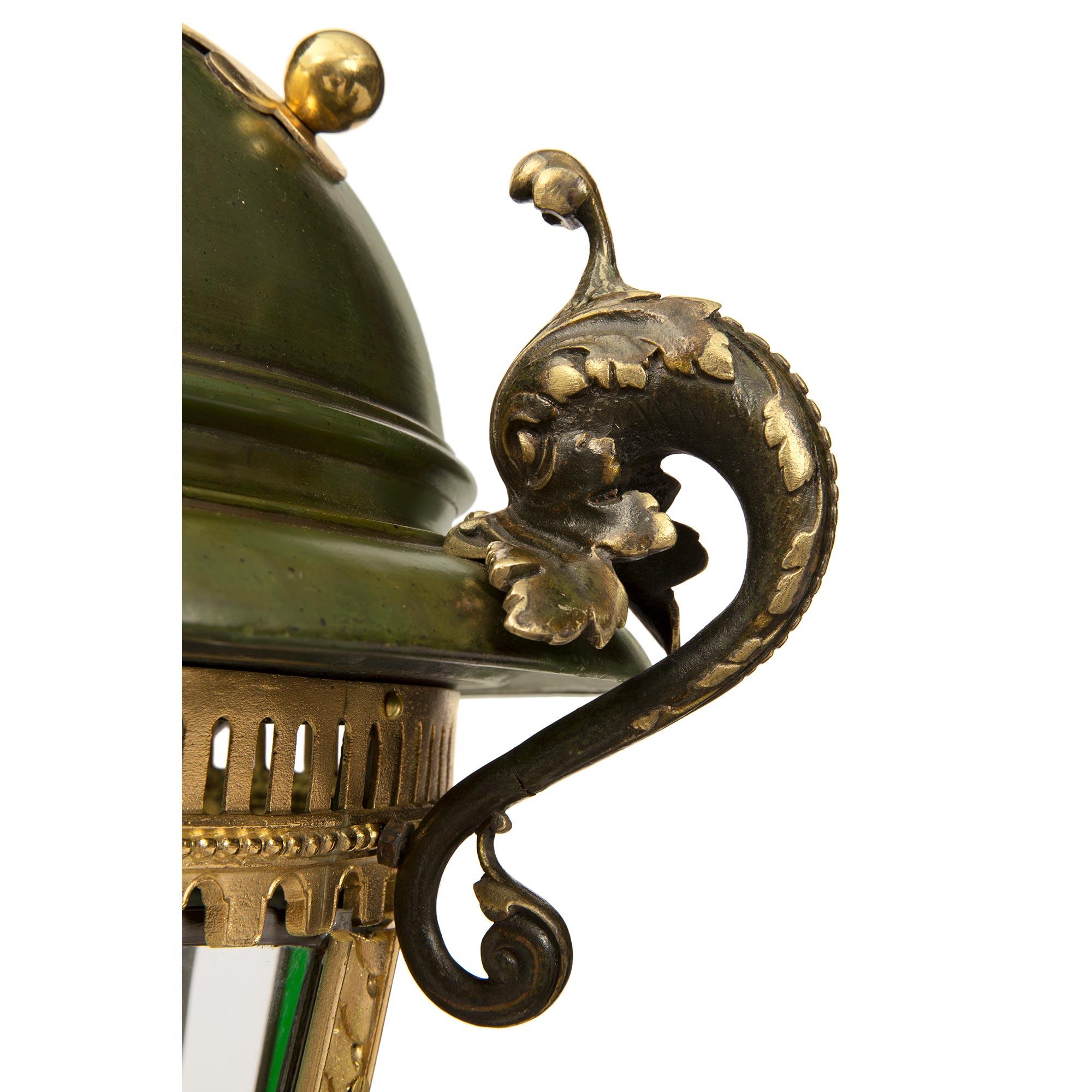 French 19th Century Renaissance Style Verdigris Bronze, Ormolu and Glass Lantern For Sale 1
