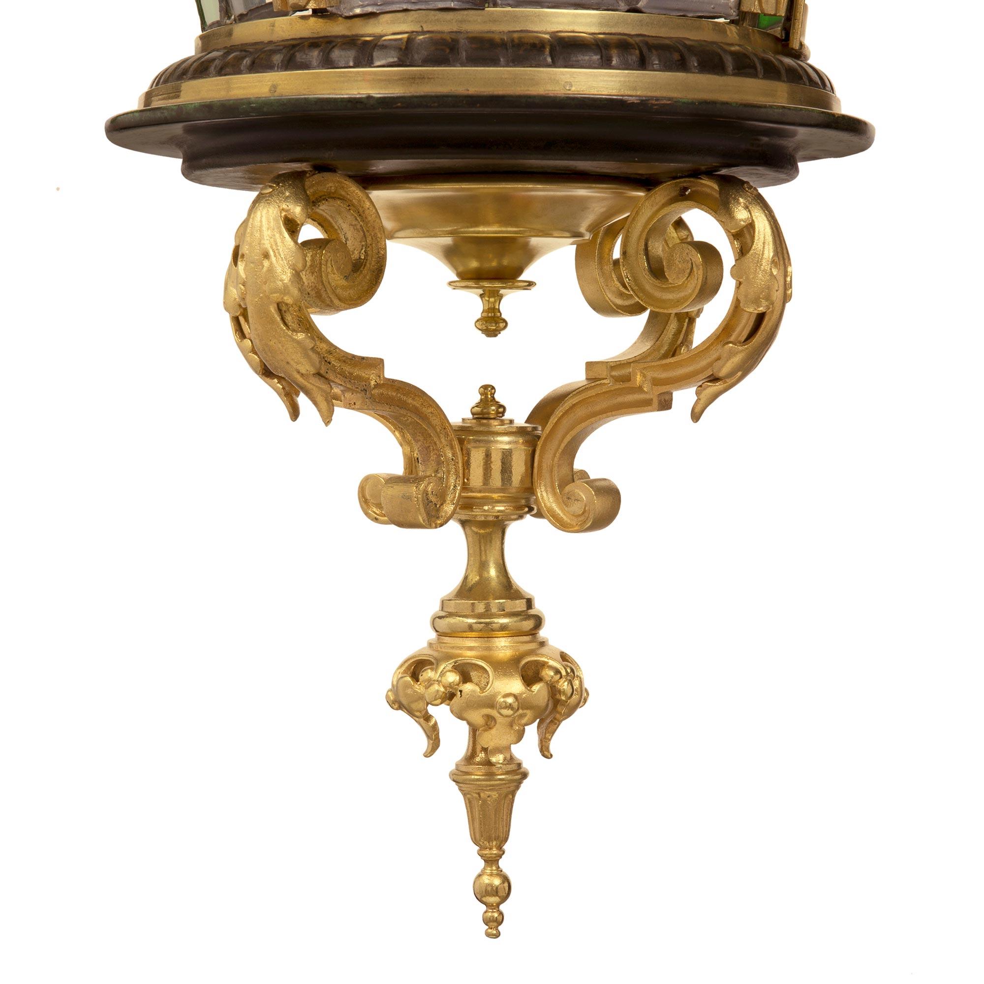 French 19th Century Renaissance Style Verdigris Bronze, Ormolu and Glass Lantern For Sale 3