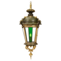 French 19th Century Renaissance Style Verdigris Bronze, Ormolu and Glass Lantern