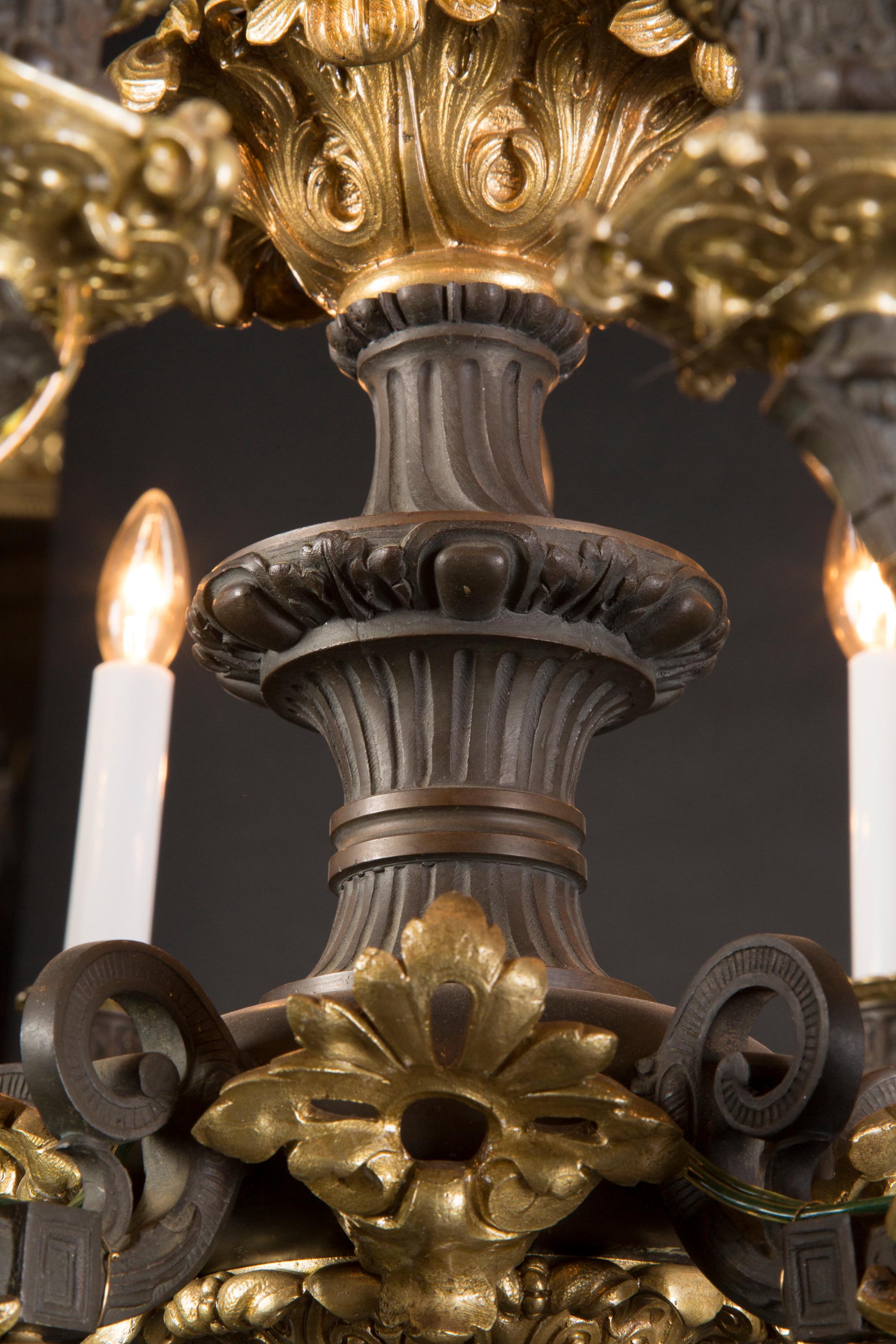 Gold Plate French 19th Century Restauration Bronze d’Ore & Patinated Bronze Chandelier For Sale