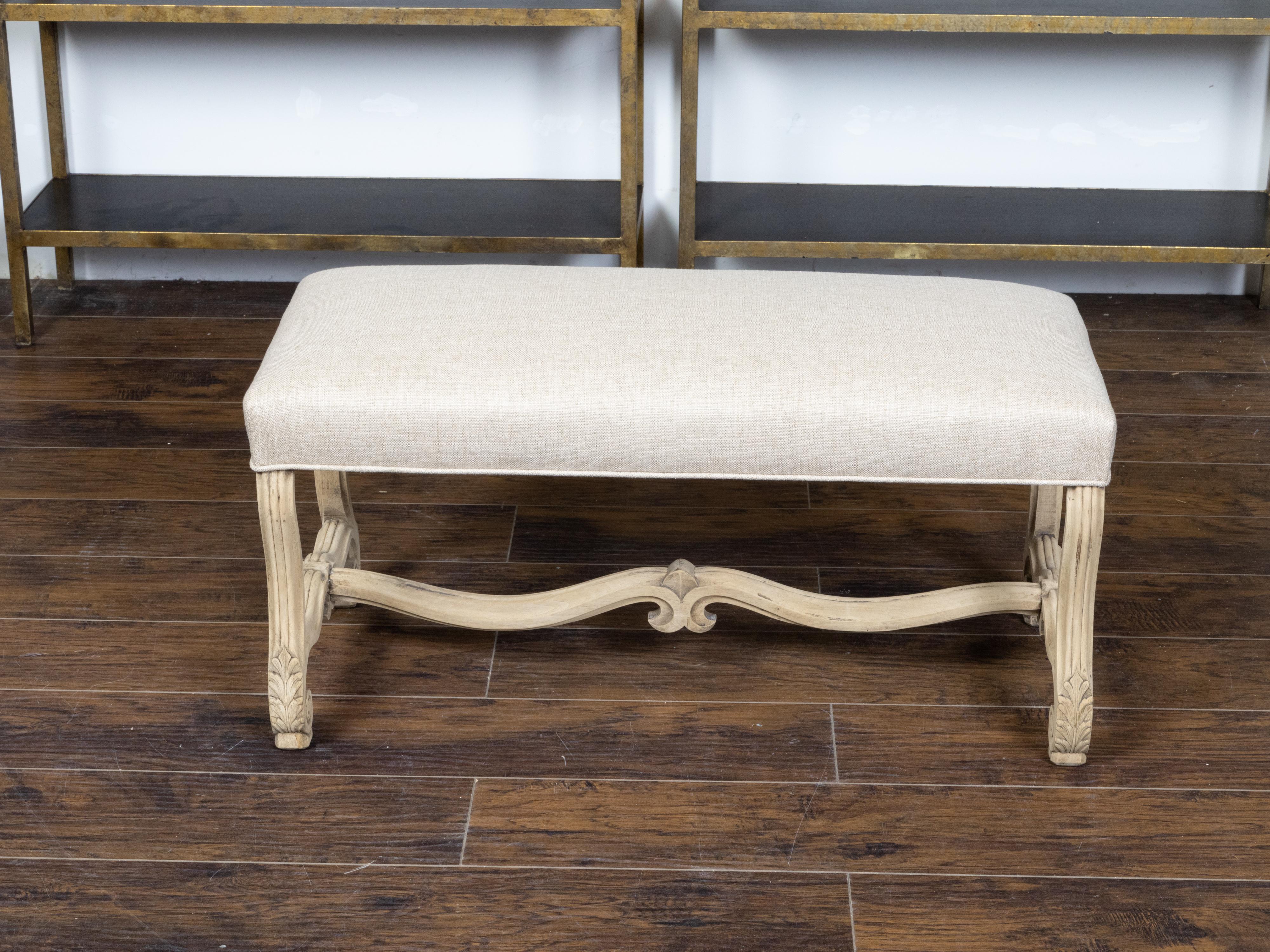 French 19th Century Rococo Style Bleached Wood Bench with Carved Scrolling Legs 6