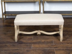 French 19th Century Rococo Style Bleached Wood Bench with Carved Scrolling Legs